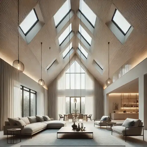 A spacious living room with a vaulted ceiling that slopes upward, creating a grand and open feel