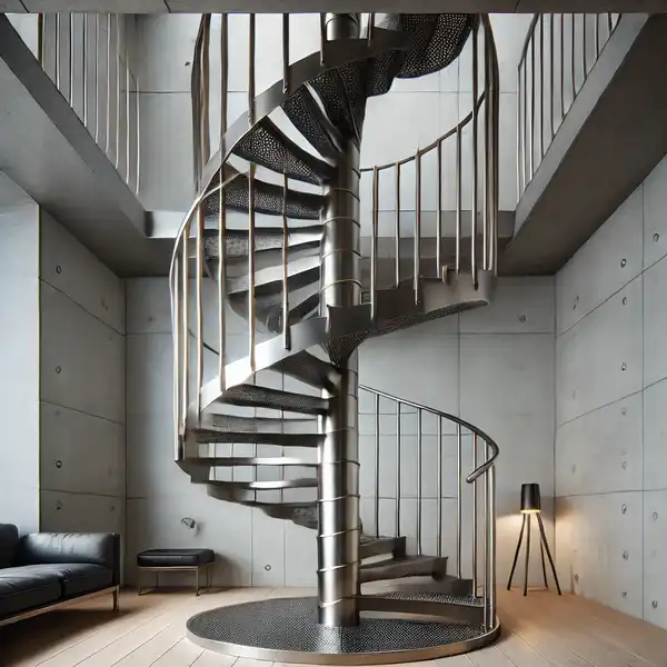 A spiral steel staircase in a small modern space, featuring sleek steel steps and a central metal column