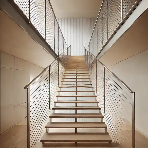 A straight steel staircase with thin cable railings, providing a clean and modern look