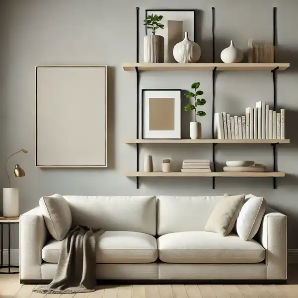 A stylish living room with clean floating shelves mounted on the wall above a modern couch