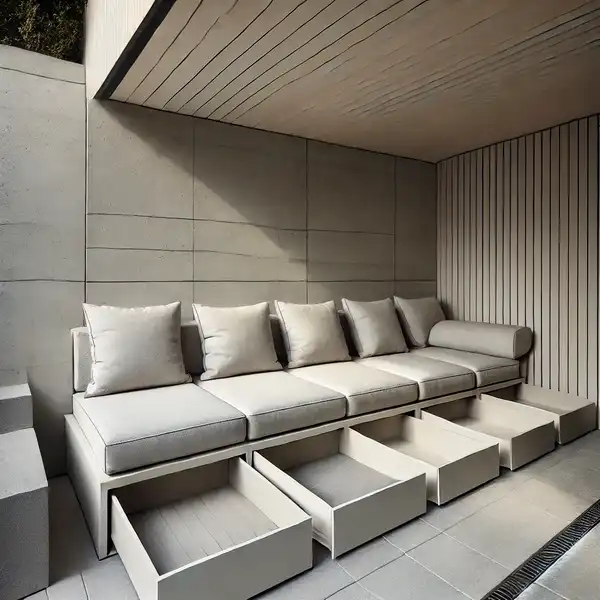 A stylish outdoor seating area with built in benches along the walls