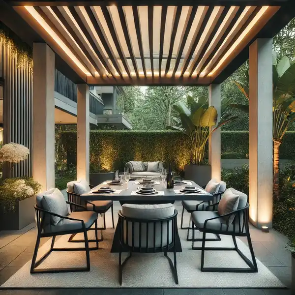 An elegant outdoor dining nook set under a modern pergola