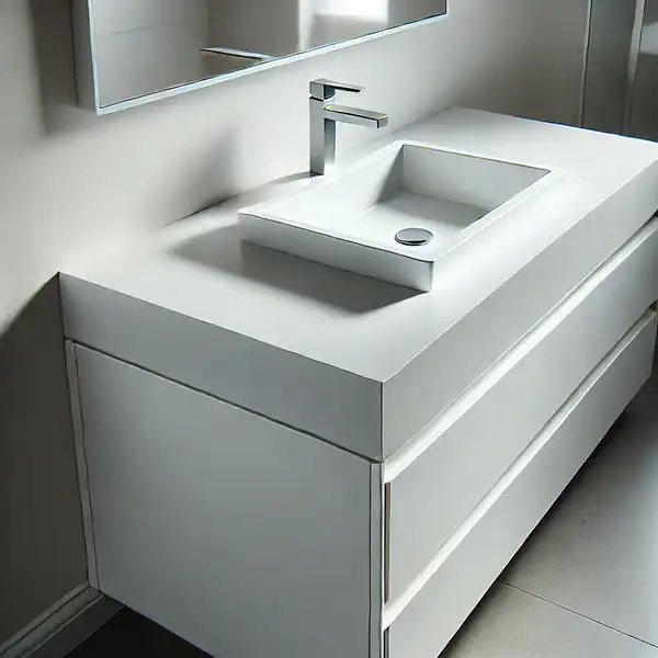 An integrated sink vanity with the sink seamlessly built into the countertop