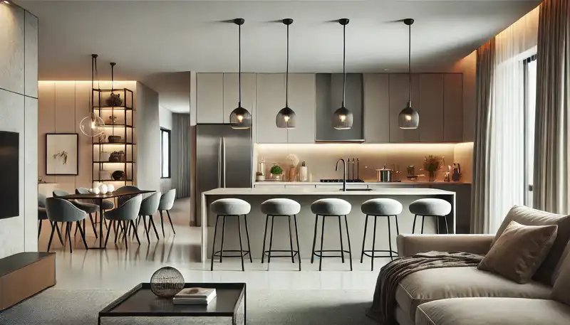 An open concept kitchen blending with the living area, featuring a kitchen island with bar stools