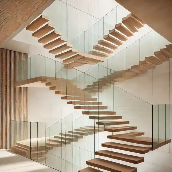 Floating stairs with open risers made of wood and glass, creating a light and airy feeling