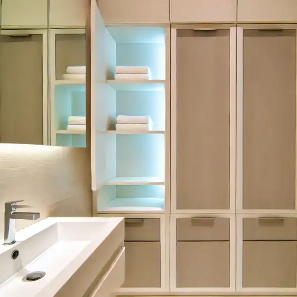 Modern Bathroom Storage Ideas A modern bathroom featuring built in cabinets with sleek white doors