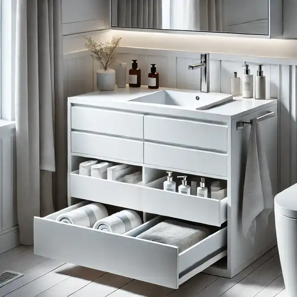 Modern Bathroom Storage Ideas A modern bathroom vanity cabinet with a glossy white finish