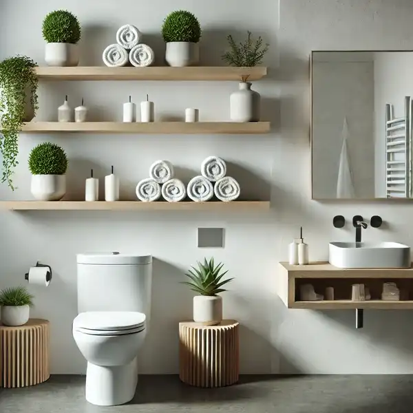 Modern Bathroom Storage Ideas A modern bathroom with floating shelves installed above a toilet and next to a sink