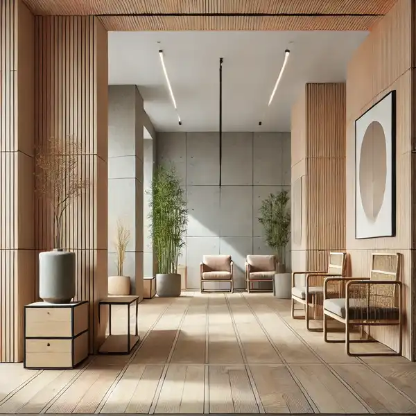 Modern Hall Design for Home A modern hall design using sustainable materials, featuring a hall space with recycled wood flooring and bamboo furniture