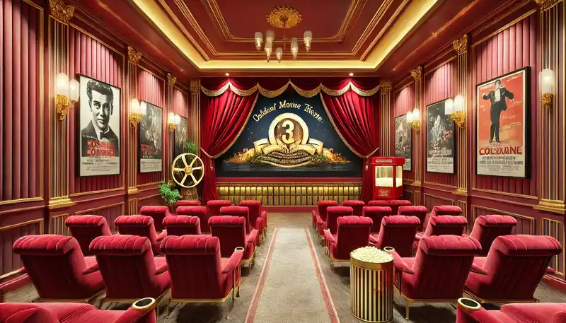 Modern Home Theater Design Ideas A classic movie theater home setup featuring lush red walls, gold accents, and vintage movie posters