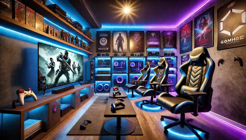 Modern Home Theater Design Ideas - A gaming den themed home theater featuring comfy gaming chairs, a large screen, and cool mood lighting