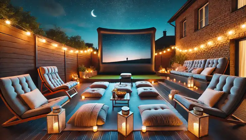 Modern Home Theater Design Ideas An outdoor theater setup in a backyard or patio with a large inflatable screen and cozy seating