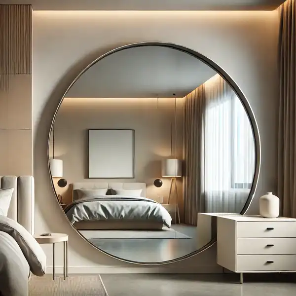 Modern Mirror Design for Bedroom - A modern bedroom with a large round mirror hanging above a dresser