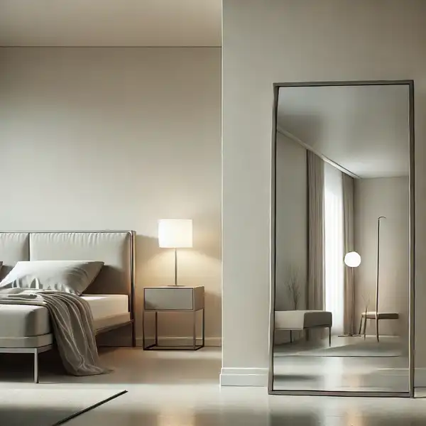 Modern Mirror Design for Bedroom - A modern bedroom with a simple, minimalist standing mirror