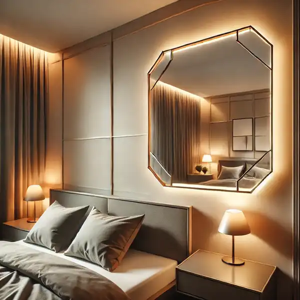 Modern Mirror Design for Bedroom - A small modern bedroom featuring a wall mounted geometric mirror with sleek metal framing