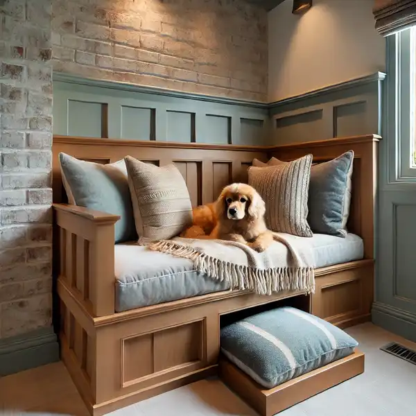 Modern Pet Friendly Home A cozy corner in a colonial style home with a built in reading nook, featuring a soft cushioned bench for a pet to relax on