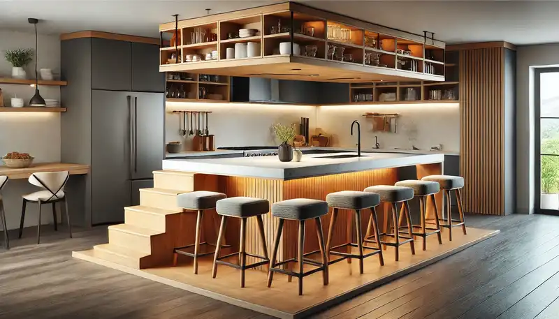 Modern kitchen island designs with seating Ideas A modern kitchen showcasing a double decker kitchen island design