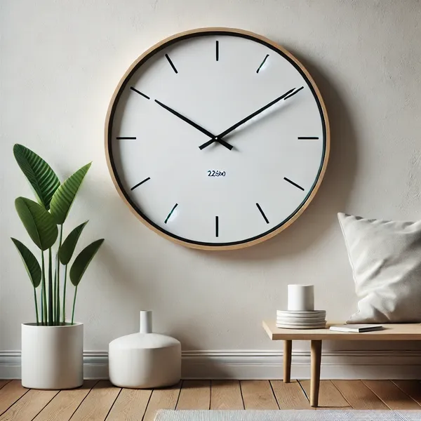 1. A minimalist wall clock with a simple white face and black hands displayed in a modern, clean, and minimalistic room setting