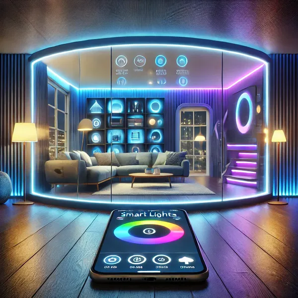 1. Modern Home Automation Ideas A futuristic home with vibrant smart lighting