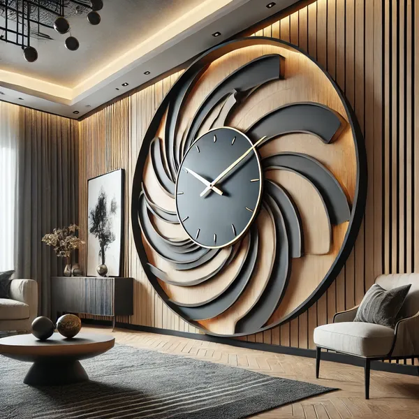 2. An oversized wall clock with a bold, dramatic design, displayed in a spacious room setting with contemporary decor