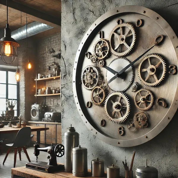 3. An industrial style wall clock featuring metallic finishes and exposed gears