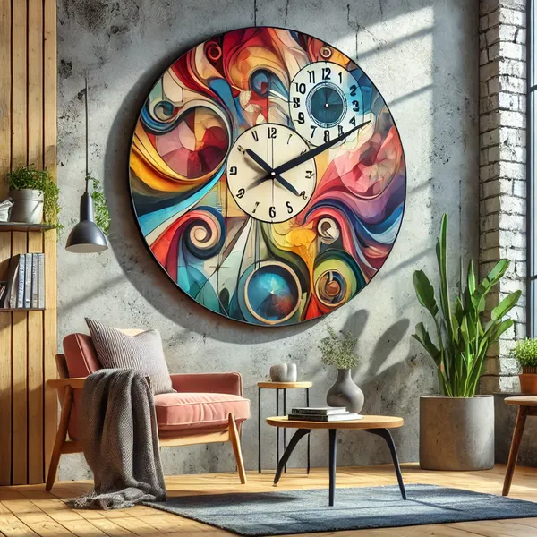 5 An artistic wall clock with vibrant colors and abstract shapes, displayed in a creative and eclectic room setting