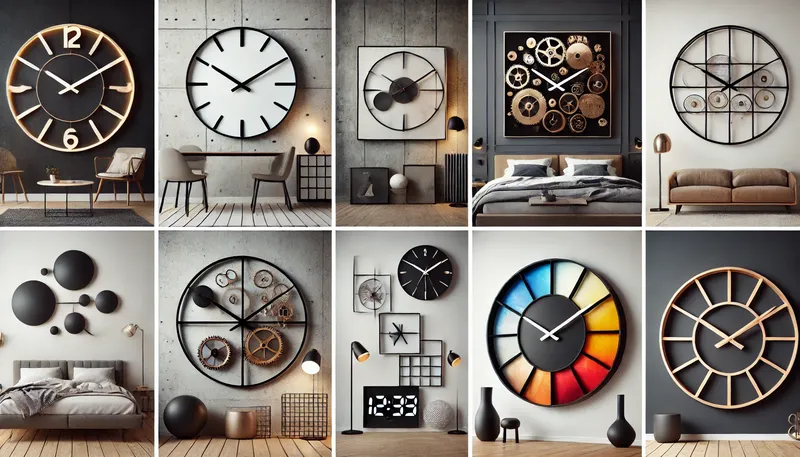 6 best modern wall clocks in different styles, each displayed in a minimalistic room setting