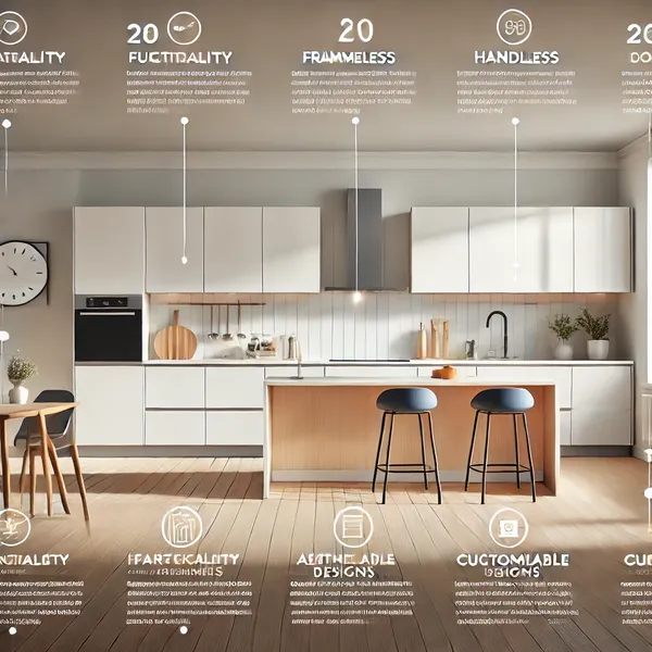 A modern kitchen infographic illustrating the benefits of contemporary kitchen cabinets