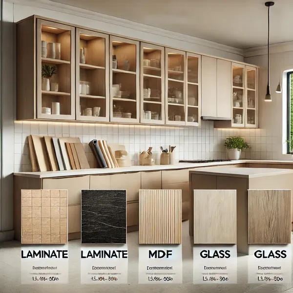 Materials for contemporary kitchen cabinets showing laminate, MDF, and glass options