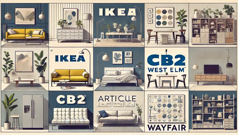 Popular modern home decor stores like IKEA, West Elm, CB2, Article, and Wayfair. Each section features iconic