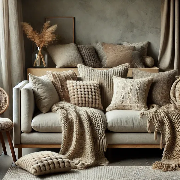 1. A cozy modern living room with a neutral colored sofa covered in soft knitted throws and plush velvet cushions