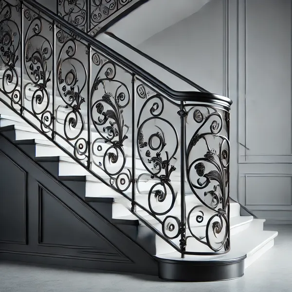 2 A modern iron stair railing, designed with intricate details and a touch of elegance