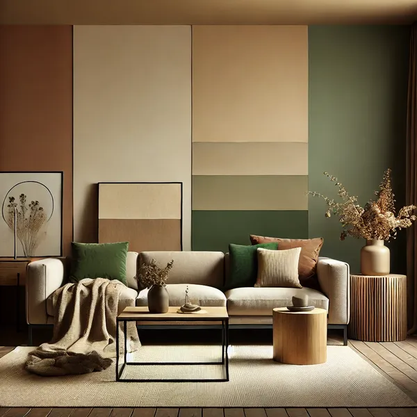 2. A cozy modern living room with earthy tones, featuring warm beige, terracotta, olive green, and deep brown shades