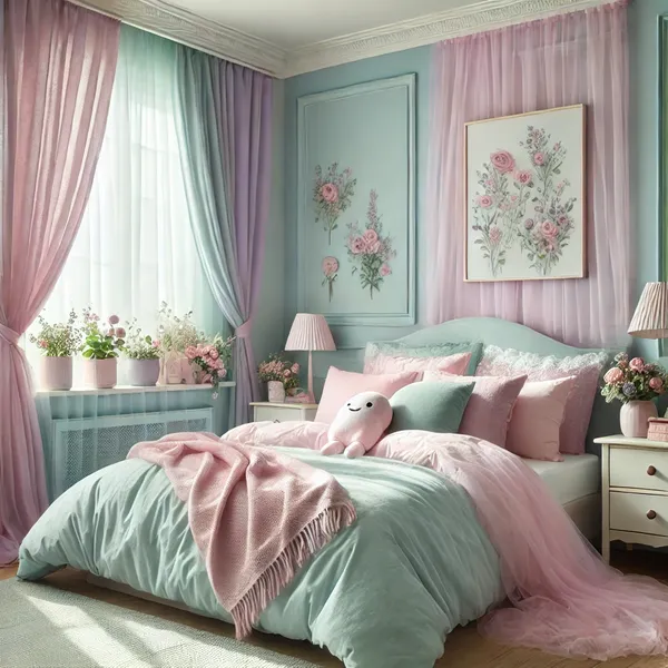 Modern Interior Color Schemes 4. A bedroom decorated in soft pastel colors like mint green, lavender, and baby blue