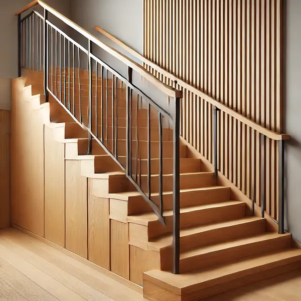 5 A contemporary wood stair railing with a combination of oak or maple wood and metal elements.