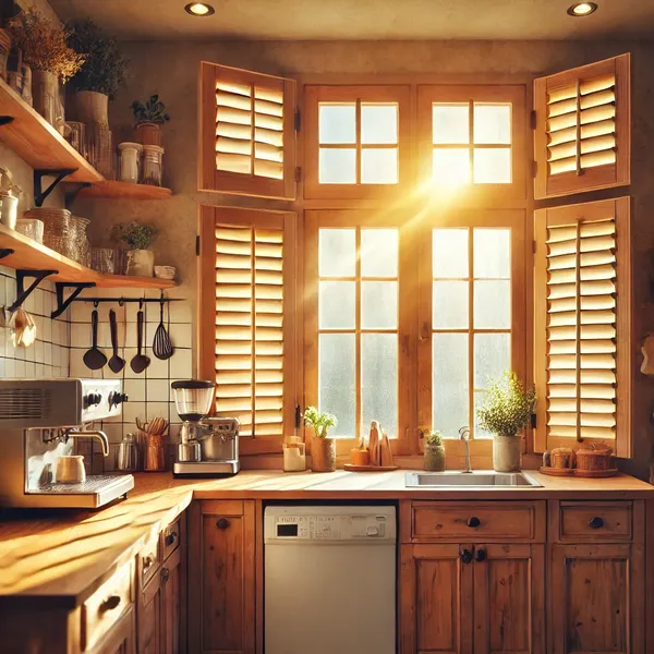 Modern window shutters A cozy kitchen featuring cafe shutters covering the bottom half of the windows