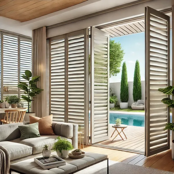 Modern window shutters A stylish living room featuring bi fold shutters that open up to a beautiful outdoor patio