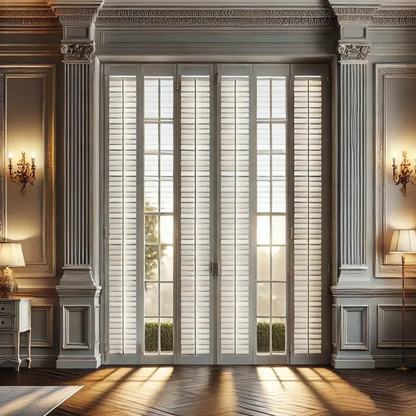 Modern window shutters An elegant room showcasing full height shutters that cover an oversized window