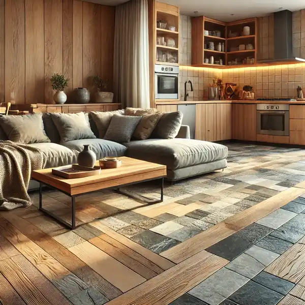 A cozy living space featuring mixed material flooring