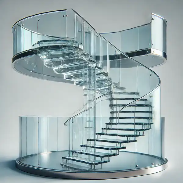 Modern Staircase Design Ideas - A glass spiral staircase with transparent glass steps and railings, giving a floating appearance