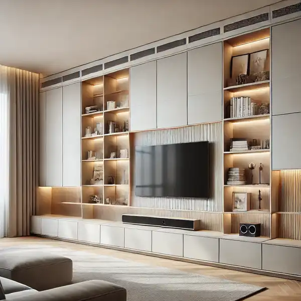 A living room with modern built in cabinets