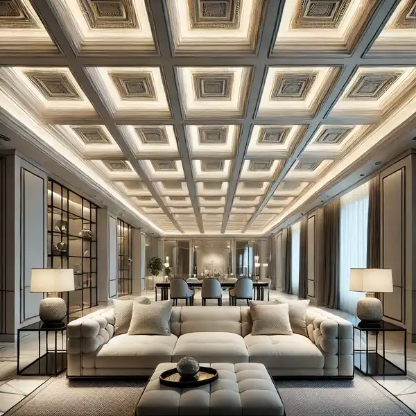 A luxurious living room with a coffered ceiling featuring a grid of sunken square panels