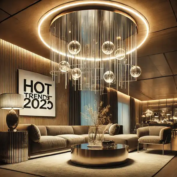 A luxurious living room with a modern chandelier, showcasing the hot trends for 2025