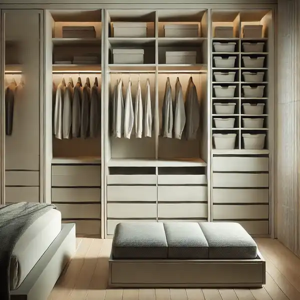 A modern closet with hidden storage solutions, featuring sleek, minimalist drawers with secret compartments to store valuables