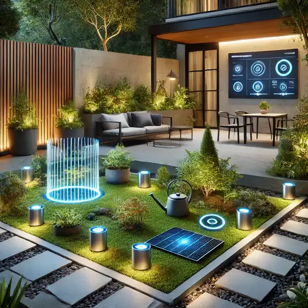 A modern garden integrating technology, featuring a smart irrigation system that waters the plants automatically