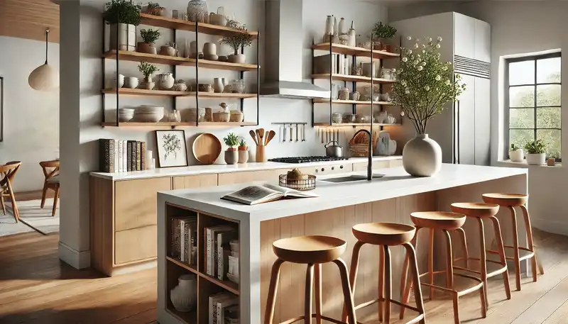 A modern kitchen featuring a kitchen island with open shelves. One side of the island has open shelving displaying e