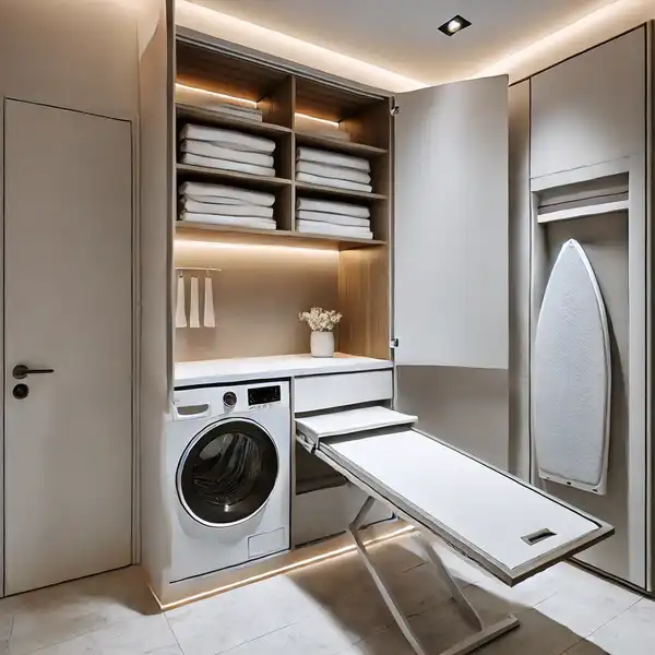 A modern laundry room with a foldable table and pull out surfaces