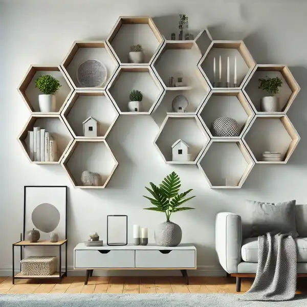 A modern living room featuring geometric shelves in hexagon shapes on a clean, white wall