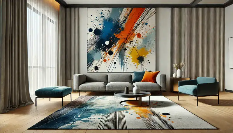 A modern living room showcasing a bold abstract rug with splashes of bright colors like blue, orange, and yellow