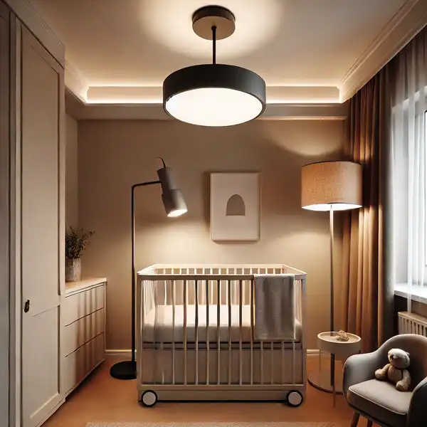 A modern nursery decor featuring stylish and functional lighting